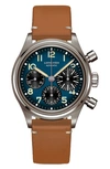 Longines Men's Swiss Automatic Chronograph Avigation Bigeye Brown Leather Strap 41mm In Petroleum