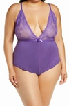 Oh La La Cheri Plunge Neck Lace & Floral Print Teddy In Tillandsia Purple
