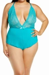 Oh La La Cheri Plunge Neck Lace & Floral Print Teddy In Lapis