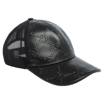 Pre-owned Gucci Black Gg Embossed Leather Baseball Hat S