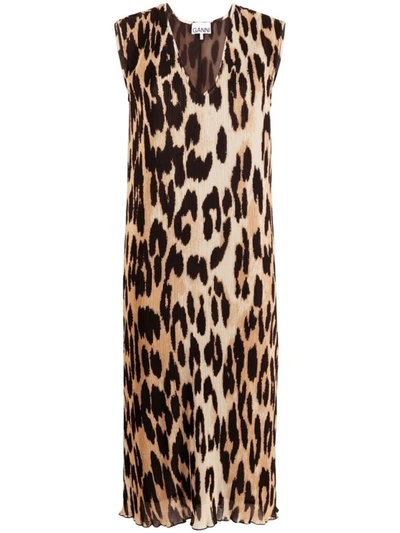Ganni Leopard-print Midi Dress In Brown
