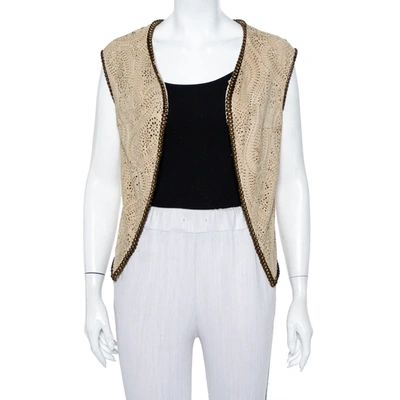 Pre-owned Etro Beige Perforated Suede Bead Detail Open Front Shrug S