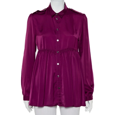 Pre-owned Burberry Magenta Satin Button Front Flared Shirt M In Purple