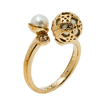 Pre-owned Dior Secret Cannage Faux Pearl Crystal Gold Tone Open Ring Size 56