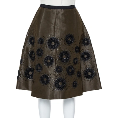 Pre-owned Oscar De La Renta Olive Green Silk Sequin Embellished Pleated Skirt S