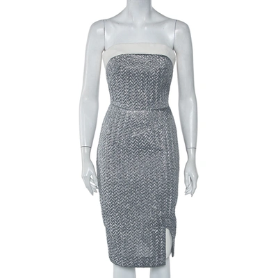 Pre-owned Roland Mouret Silver Embossed Lurex Strapless Ambrose Dress S In Metallic