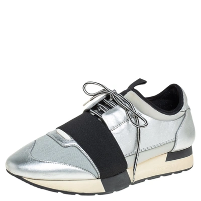 Pre-owned Balenciaga Silver Leather And Knit Fabric Race Runner Low Top Sneakers Size 38