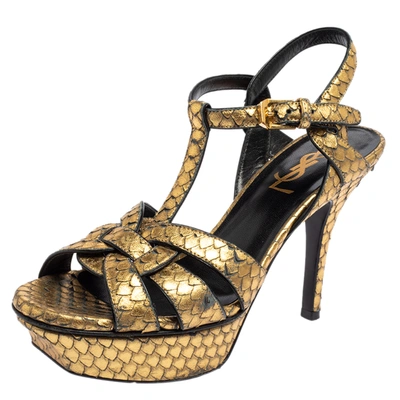 Pre-owned Saint Laurent Gold Python Embossed Leather Tribute Platform Ankle Strap Sandals Size 35