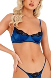 Roma Confidential Lace Trim Satin Underwire Bra & Thong Set In Navy Blue/ Black