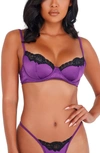 Roma Confidential Lace Trim Satin Underwire Bra & Thong Set In Purple/ Black