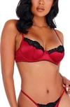 Roma Confidential Lace Trim Satin Underwire Bra & Thong Set In Red/ Black
