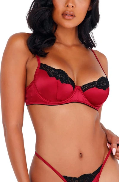 Roma Confidential Lace Trim Satin Underwire Bra & Thong Set In Red/ Black