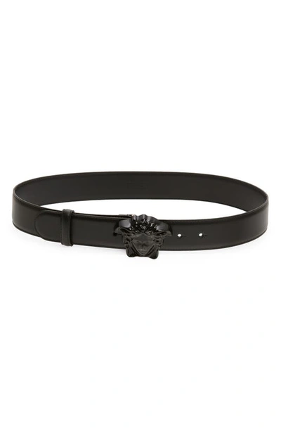 Versace Medusa Head Leather Belt In Black-black- Gold