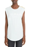 Balmain Button Shoulder Flocked Logo Graphic Tank In Lightgreen,whit