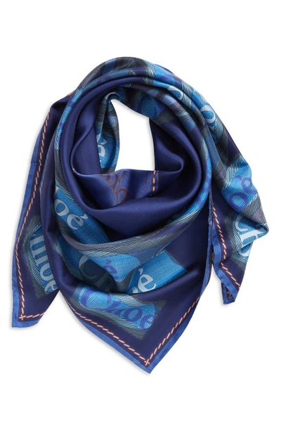 Chloé Logo Square Silk Scarf In Multicolor Blue