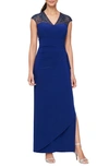 Alex Evenings Illusion Lace Matte Jersey Column Gown In Royal