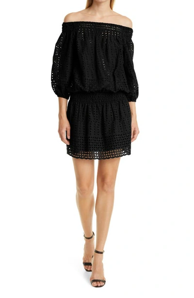 Nicole Miller Cotton Blend Eyelet Off The Shoulder Dress In Black