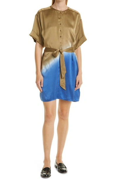 Atm Anthony Thomas Melillo Silk Charmeuse Tie-dye Shirtdress In Olive Dip Dye