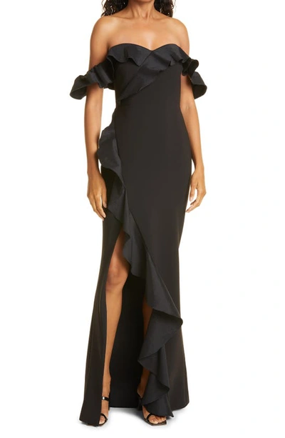 Likely Miller Ruffle Off The Shoulder Taffeta Column Gown In Black