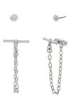 Allsaints Stud & Toggle Chain Front To Back Earrings In Silver Tone Or Gold Tone, Set Of 2 In Rhodium