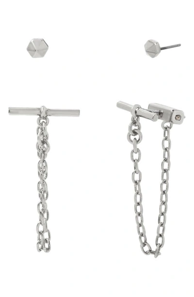 Allsaints Stud & Toggle Chain Front To Back Earrings In Silver Tone Or Gold Tone, Set Of 2 In Rhodium