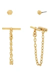 Allsaints Stud & Toggle Chain Front To Back Earrings In Silver Tone Or Gold Tone, Set Of 2 In Warm Brass