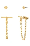 Allsaints Stud & Toggle Chain Front To Back Earrings In Silver Tone Or Gold Tone, Set Of 2 In Shiny Gold