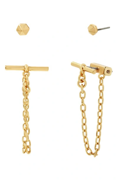 Allsaints Stud & Toggle Chain Front To Back Earrings In Silver Tone Or Gold Tone, Set Of 2 In Warm Brass