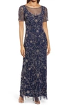 Pisarro Nights Floral Beaded Short Sleeve A-line Gown In Navy