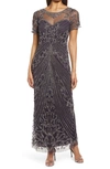 Pisarro Nights Illusion Beaded Mesh Column Gown In Eggplant