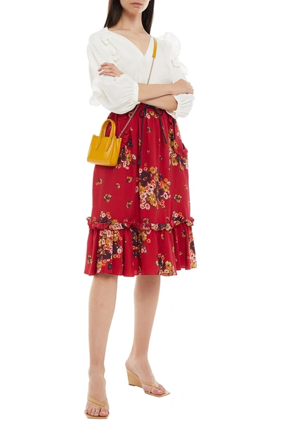 Coach Leather-trimmed Gathered Floral-print Crepe De Chine Skirt In Burgundy