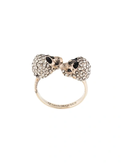 Alexander Mcqueen Woman Double-skull Ring With Crystals In Gold
