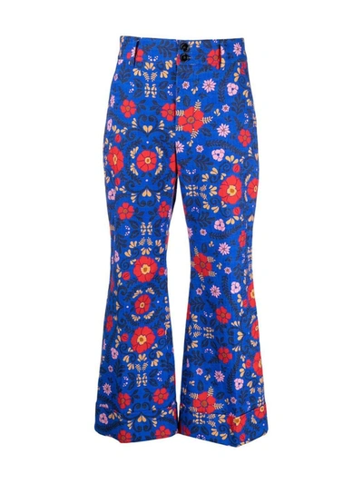 La Doublej Floral-print Bootcut Trousers In Blue