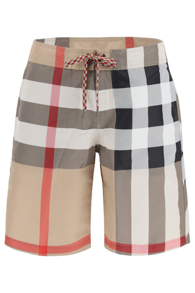 Burberry Check Drawcord Swim Shorts In Beige