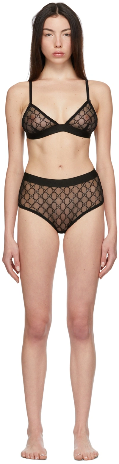 Gucci Black Tulle Embroidered Gg Underwear Set