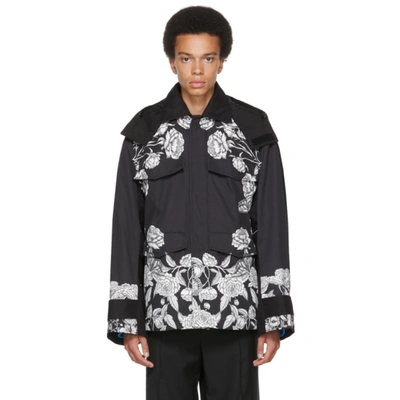 Valentino Men's Gabardine Flower-print Caban Coat In Black/white