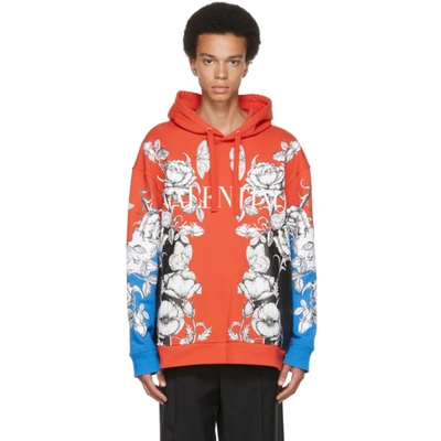 Valentino Orange & Blue Dark Blooming Logo Hoodie In Orange/multicolor