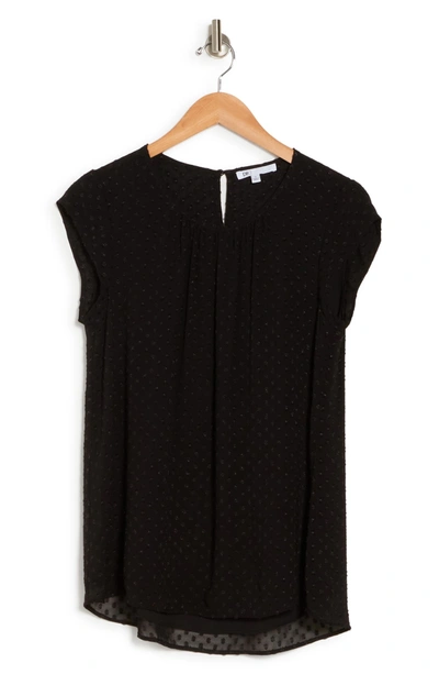 Dr2 By Daniel Rainn Floral Clip Dot Cap Sleeve Tunic Blouse In Black
