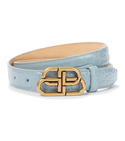 Balenciaga 3cm Bb Croc Embossed Leather Belt In Blue