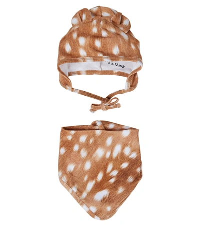 Molo Baby Fawn-print Stretch-cotton Hat And Bib Set In Brown