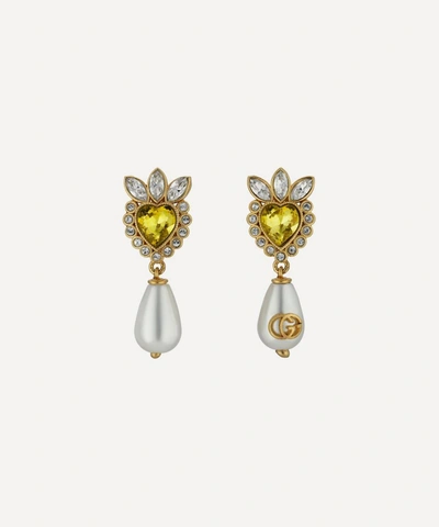 Gucci Heart-shaped Crystal, Faux-pearl And Gold-toned Brass Earrings