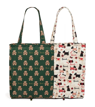 Harrods Scottie Dog And Jacob Bear Recycled Pocket Shopper Bag (set Of 2) In Multi
