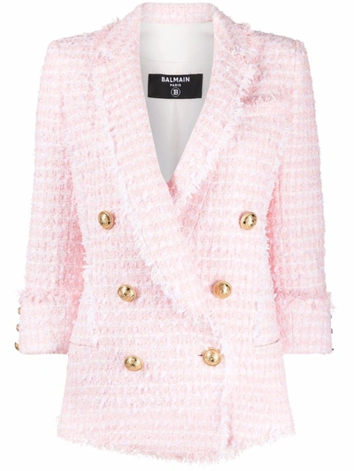 Balmain 双排扣棉混纺花呢夹克 In Pink And White