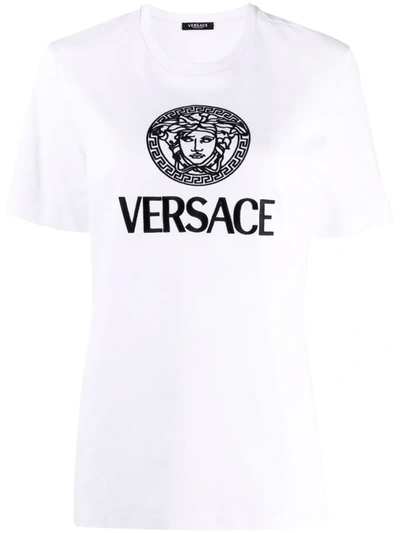 Versace White Cotton T-shirt With Embossed Logo In White,black