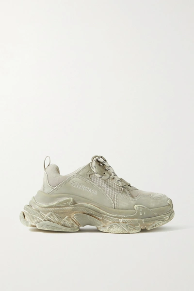 Balenciaga Triple S Logo-embroidered Distressed Leather And Mesh Sneakers In Neutrals