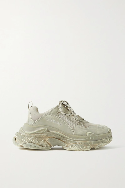 Balenciaga Triple S Logo-embroidered Distressed Leather And Mesh Sneakers In Beige