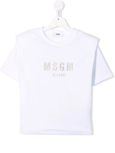 Msgm Kids' Logo圆领t恤 In White