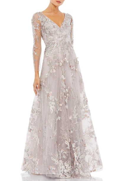 Mac Duggal Embroidered Lace Gown In Silver