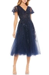 Mac Duggal Embellished Fluttersleeve Tea Length Dress In Midnight In Midnight