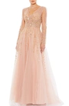 Mac Duggal Embellished V Neck Long Sleeve A Line Gown In Pink Champagne